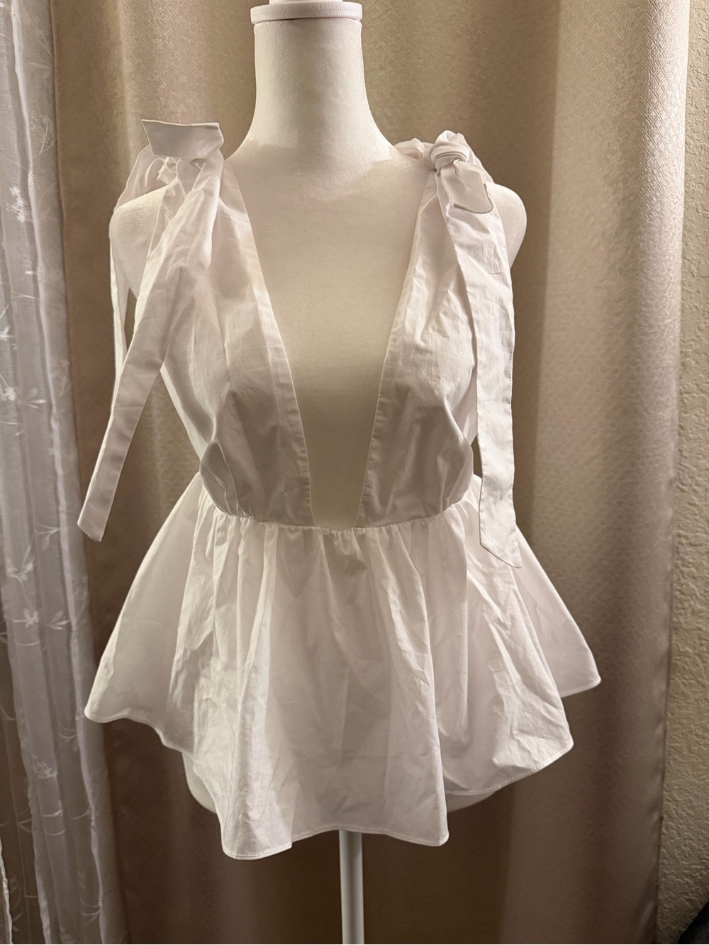 Zara White Tie-Shoulder Peplum Top
